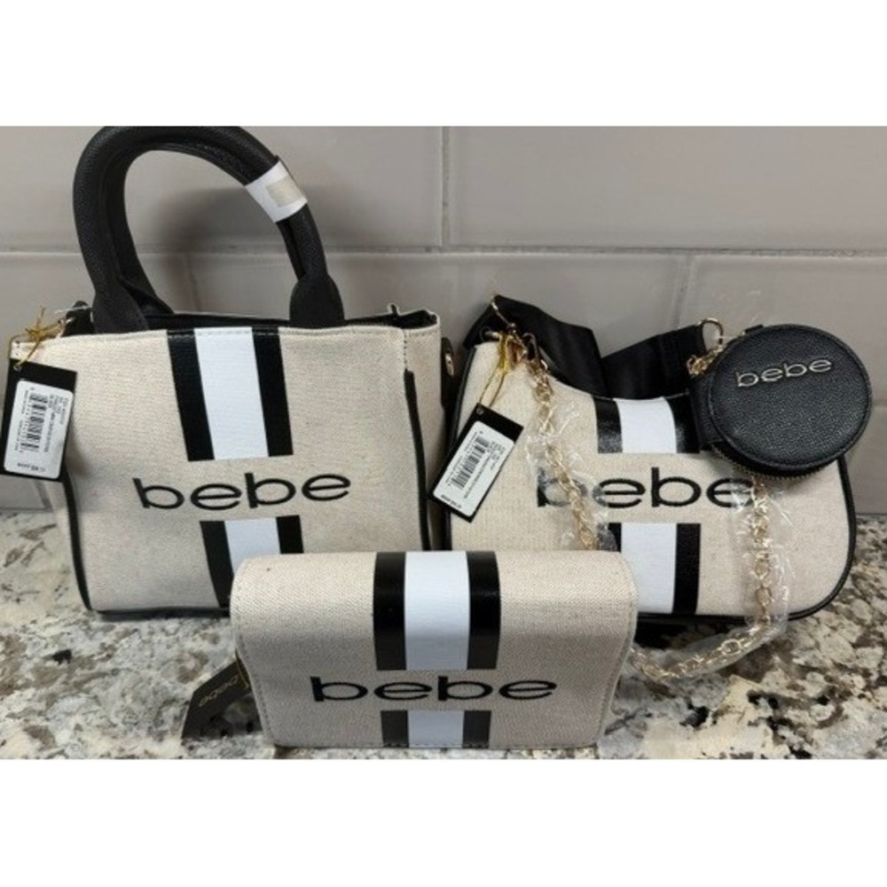 Bebe 3 Piece Canvas Bag Set Mini Satchel Crossbody Hobo Wallet Black White
